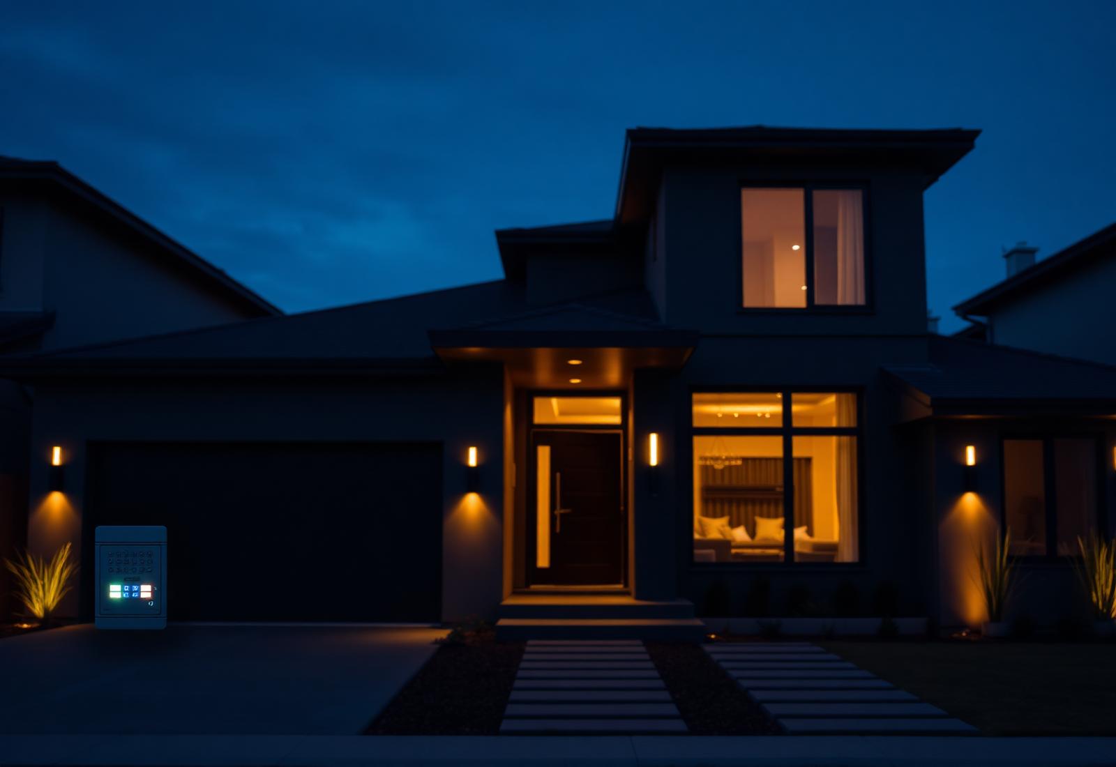 Secure modern home illuminated at dusk